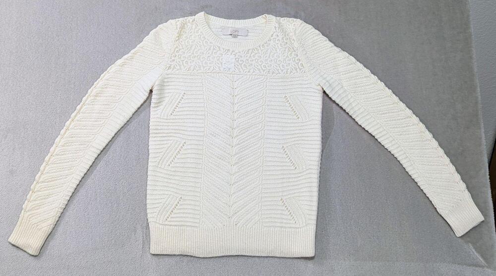 LOFT Sweater Womens XS White Lace Yoke Textured Knit Crew Neck Pullover
